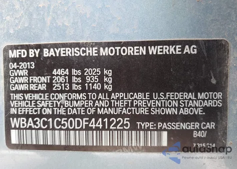 2013 BMW 328 I Sulev from USA, damaged, VIN WBA3C1C50DF441225